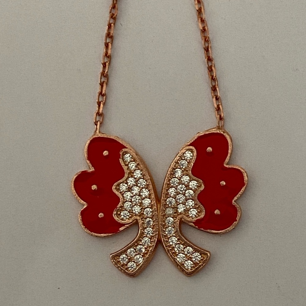 💝925 Silver bow butterfly red enamel cz necklace 14K rose gold plated